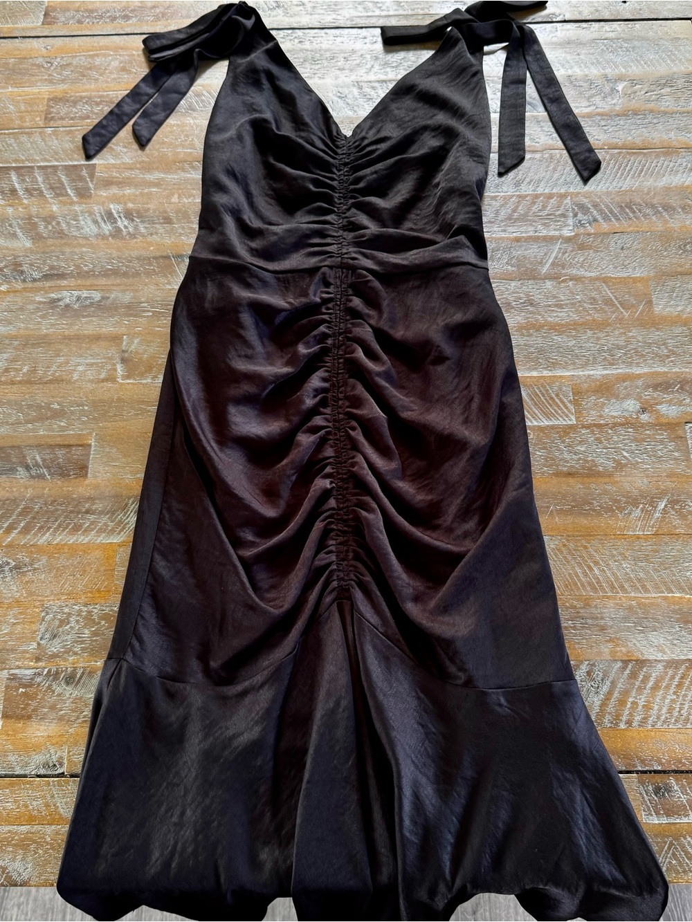 Lucy Paris Black Ruched Tie-Shoulder Midi Dress